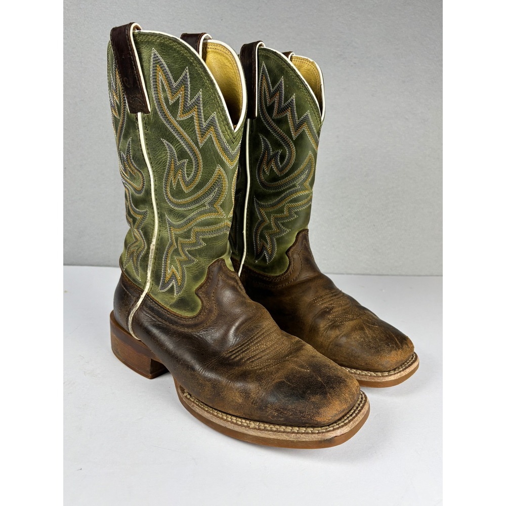 Justin Little Sugar 11 Square Toe Western Boots Leather Brown Green 7.5B Womens
